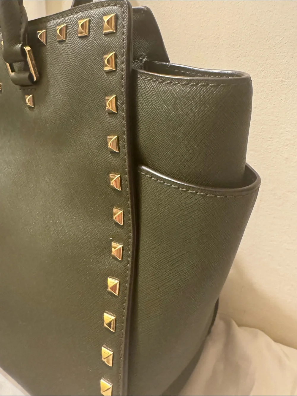 PRE-LOVED Michael Kors Olive Green Large Saffiano Leather Stud Satchel